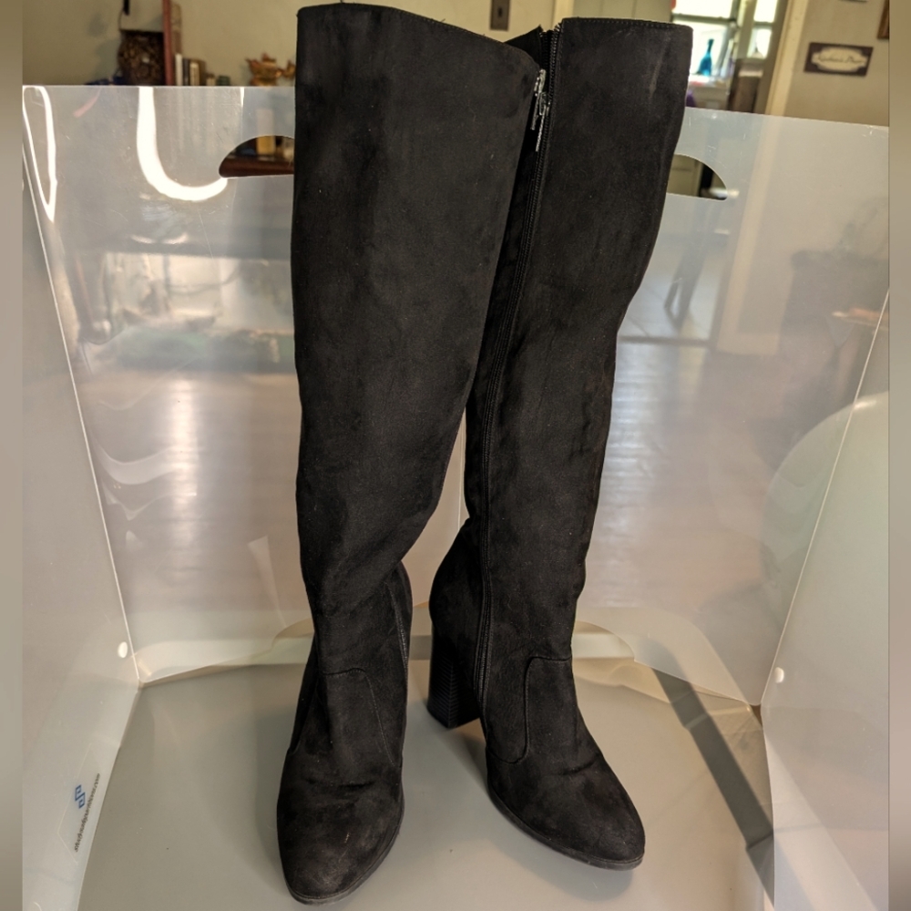 Bamboo Upside 10 knee high black vegan suede side zip 3.5" block heel boots